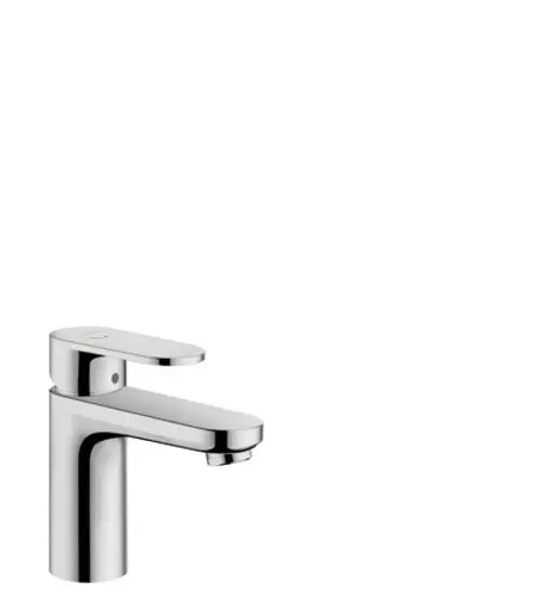Einhebel-Waschtischmischer aus Chrom von Hansgrohe mit flachem Wasserhahn und einem Hebel zur Temperaturregelung, ausgestattet mit Zugstangen-Ablaufgarnitur.